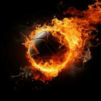 Intense imagery, Fireball against black backdrop captures volleyballs passionate energy For Social Media Post Size AI Generated photo