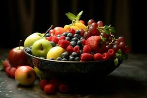 un vistoso y atractivo arreglo de frutas en un tradicional cuenco ai generado foto