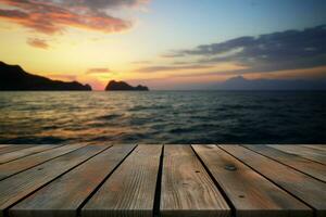 Oceanic tranquility Wooden table framed by the blurred beauty of a sea sunset AI Generated photo