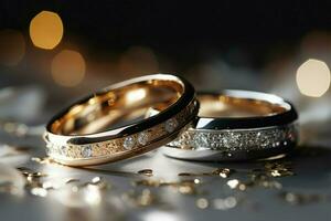 Wedding rings, sparkling on a bokeh background, offer room for text AI Generated photo