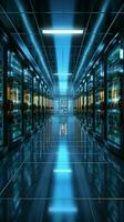 Virtual 3D rendering of a server room with computer storage Vertical Mobile Wallpaper AI Generated photo