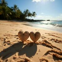 sentido conexión dos escrito corazones en arenoso playa, enmarcado por tropical fondo para social medios de comunicación enviar Talla ai generado foto