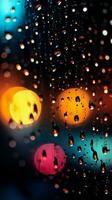 Nights abstract window view blurred lights, colorful raindrops, mesmerizing background Vertical Mobile Wallpaper AI Generated photo