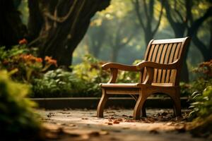 In the gardens hush, a wooden chair beckons with a blurred allure AI Generated photo