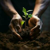 Nurturing growth Hand adds soil to green backdrop, symbolizing planting or remembrance For Social Media Post Size AI Generated photo