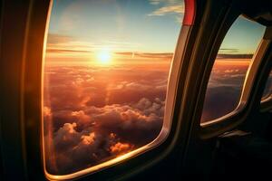 In flight marvel Plane window reveals a breathtaking sunset vista AI Generated photo