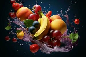 A captivating 3D render of fruits in a graceful downward motion AI Generated photo