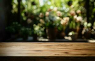 Wooden table space with an outdoor garden backdrop for marketing AI Generated photo