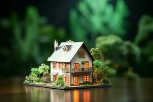 miniatura vivienda, rodeado por un fondo de verde bokeh ai generado foto