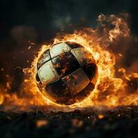 fútbol pelota en llamas, soltado con poder en un estadio cerca arriba para social medios de comunicación enviar Talla ai generado foto