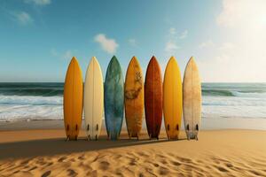 vistoso tablas de surf, arenoso fondo un invitación a paseo el olas ai generado foto