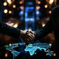 Handshake against globe hologram, portraying tech connectivity and global cooperation For Social Media Post Size AI Generated photo
