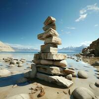 Beachfront relic Stones stacked as a pyramid, overlooking the expansive sea expanse For Social Media Post Size AI Generated photo