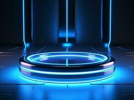 Beautiful modern futuristic podium with neon blue lighting for product presentation AI Generative photo