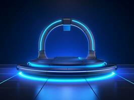 Beautiful modern futuristic podium with neon blue lighting for product presentation AI Generative photo