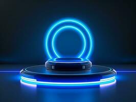 Beautiful modern futuristic podium with neon blue lighting for product presentation AI Generative photo