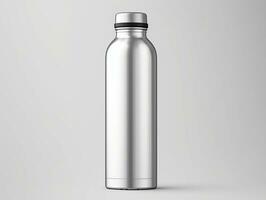 Glossy metal reusable water bottle with silver bung packaging mockup with isolated background AI Generative photo