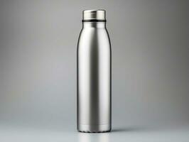 Glossy metal reusable water bottle with silver bung packaging mockup with isolated background AI Generative photo