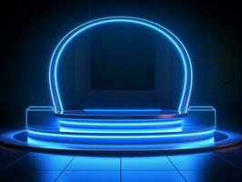 Beautiful modern futuristic podium with neon blue lighting for product presentation AI Generative photo