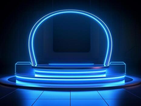 Beautiful modern futuristic podium with neon blue lighting for product presentation AI Generative photo
