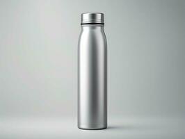 Glossy metal reusable water bottle with silver bung packaging mockup with isolated background AI Generative photo