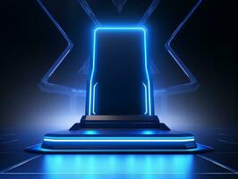 Beautiful modern futuristic podium with neon blue lighting for product presentation AI Generative photo