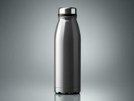 Glossy metal reusable water bottle with silver bung packaging mockup with isolated background AI Generative photo