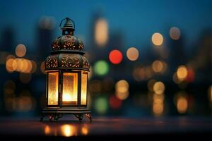 Festive cityscape Lantern in the night sky with city bokeh AI Generated photo