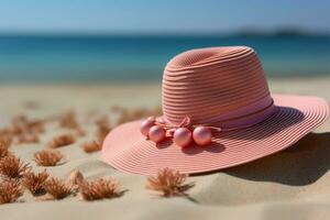 playa vacaciones un rosado Paja sombrero descansa en arenoso costas ai generado foto