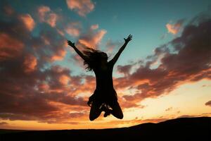 Young womans silhouette radiates joy under a picturesque evening sky AI Generated photo