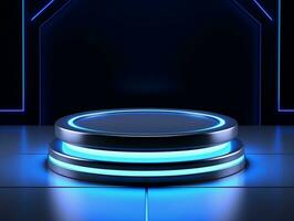 Beautiful modern futuristic podium with neon blue lighting for product presentation AI Generative photo