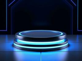 Beautiful modern futuristic podium with neon blue lighting for product presentation AI Generative photo