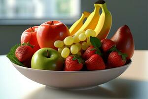 Fruit arrangement in a bowl, isolated without any backdrop AI Generated photo