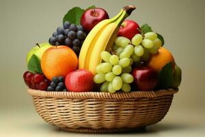 Fruits arranged within a basket, with a soothing, pale background AI Generated photo