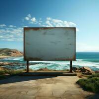 Oceanic outlook Vacant billboard by sandy coast with sea vista behind For Social Media Post Size AI Generated photo