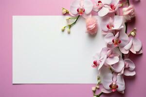 blanco lona blanco papel, esquina orquídeas en pastel rosado antecedentes ai generado foto