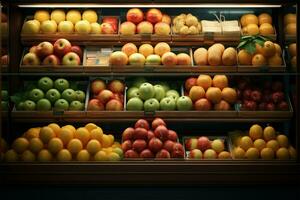 Store showcase brimming with neatly arranged apples and oranges AI Generated photo