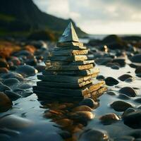 Maritime monument Sea coast stones form a pyramid, echoing ancient traditions by waves For Social Media Post Size AI Generated photo