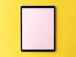 Top view of digital tablet screen mockup on a yellow background AI Generative photo