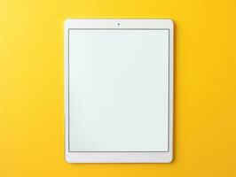 Top view of digital tablet screen mockup on a yellow background AI Generative photo