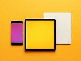 Top view of digital tablet screen mockup on a yellow background AI Generative photo