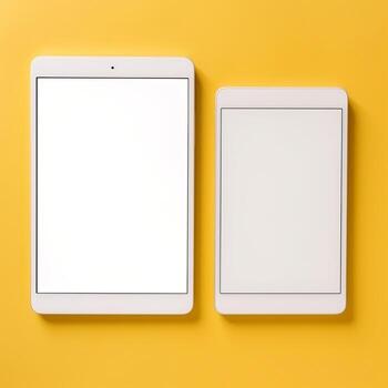 Top view of digital tablet screen mockup on a yellow background AI Generative photo