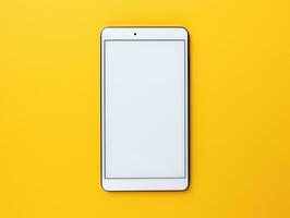 Top view of digital tablet screen mockup on a yellow background AI Generative photo