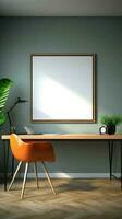 Working room interior with blank photo frame Vertical Mobile Wallpaper AI Generated