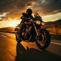 Highway sunrise cruise Speeding motorcyclist presents open copy space, symbolizing dawn expedition For Social Media Post Size AI Generated photo