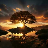 Dawns embrace Silhouetted tree stands against backdrop of suns radiant embrace For Social Media Post Size AI Generated photo