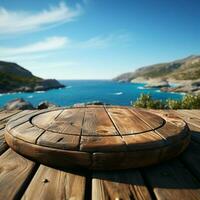 Seascape fusion Wooden table amidst blurred sea island and expansive blue sky For Social Media Post Size AI Generated photo