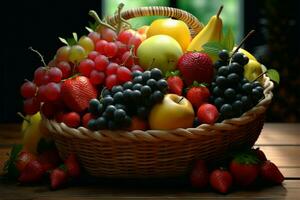 un cesta desbordante con naturalezas generosidad de vistoso, Fresco frutas ai generado foto