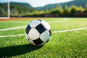 Pitch perfect Soccer ball poised on the vibrant green field AI Generated photo
