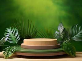 Cosmetics product advertising stand exhibition wooden podium on green background with leaves AI Generative photo